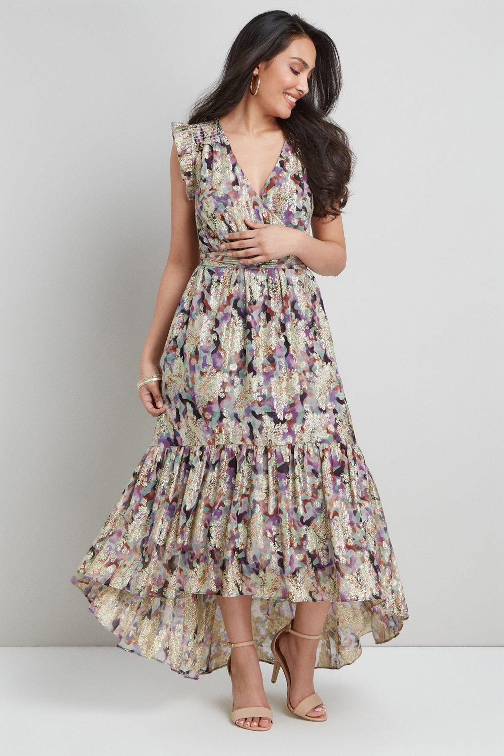 Womens Petite Lavender Metallic Wrap Maxi Dress