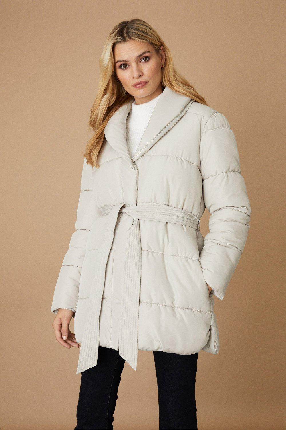 Womens Shawl Neck Belted Puffer Coat