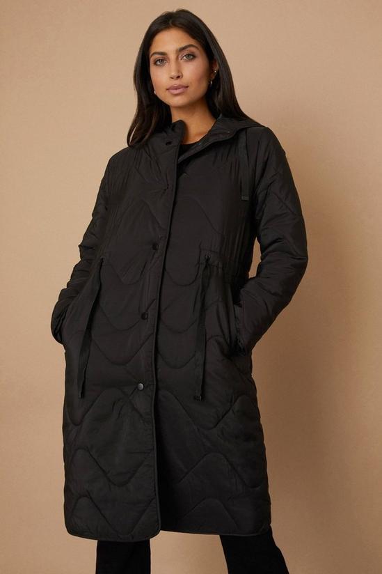 Wallis Black Drawcord Waist Hooded Quilted Coat 2