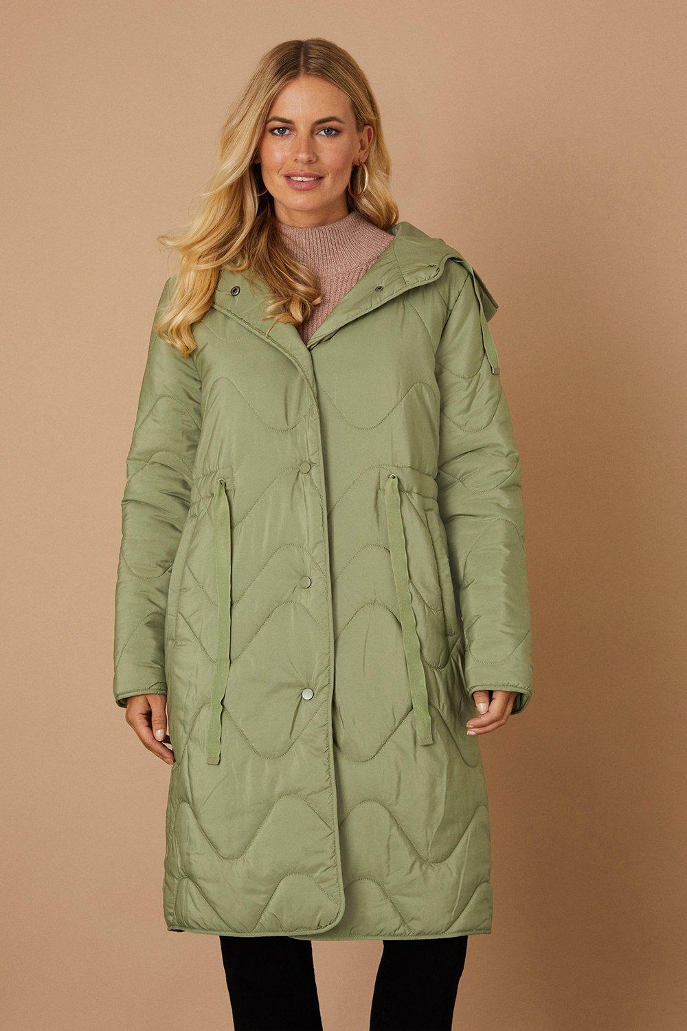 Womens Petite Drawcord Waist Hooded Quilted Coat
