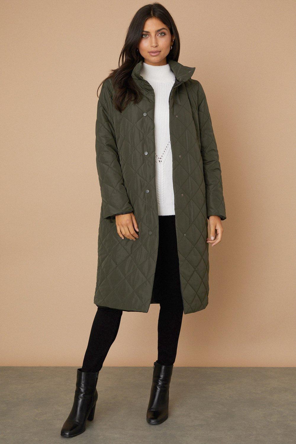 Womens Olive Funnel Neck Belted Padded Coat
