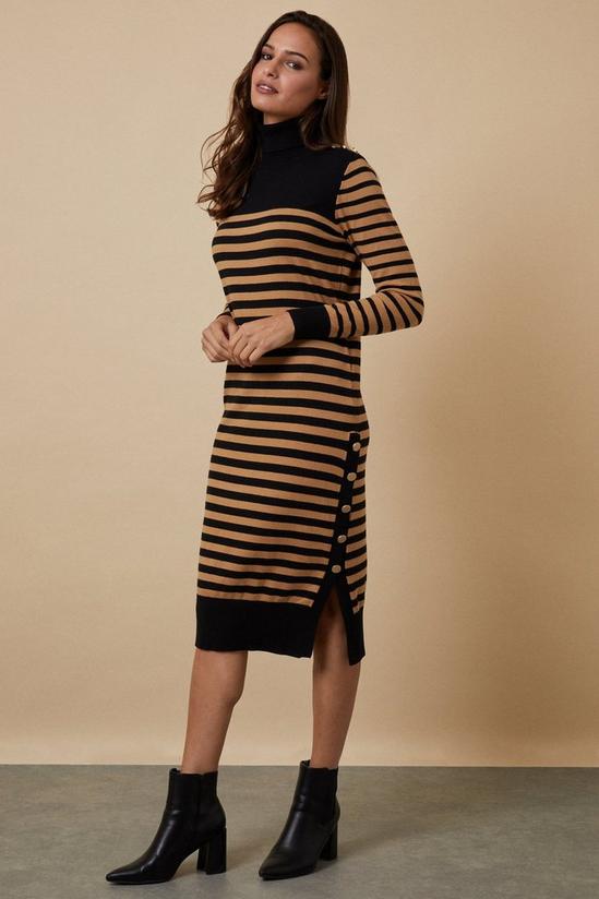 Wallis Camel Polo Neck Striped Knitted Button Detail Dress 1