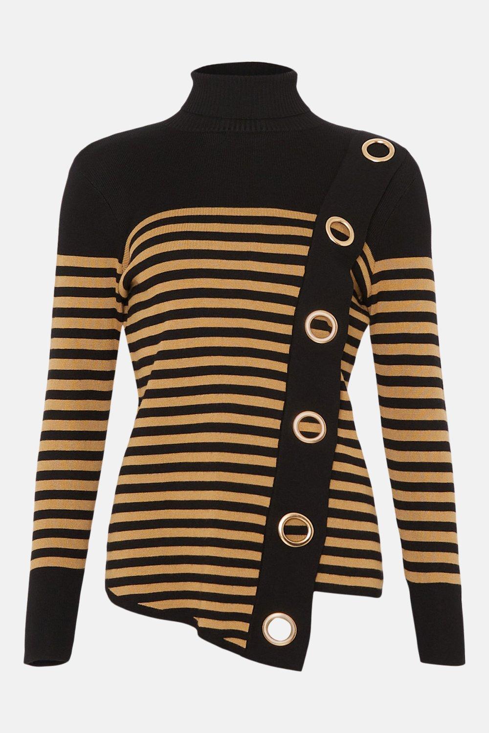 Asymmetric black Striped Eyelet Detail Jumper