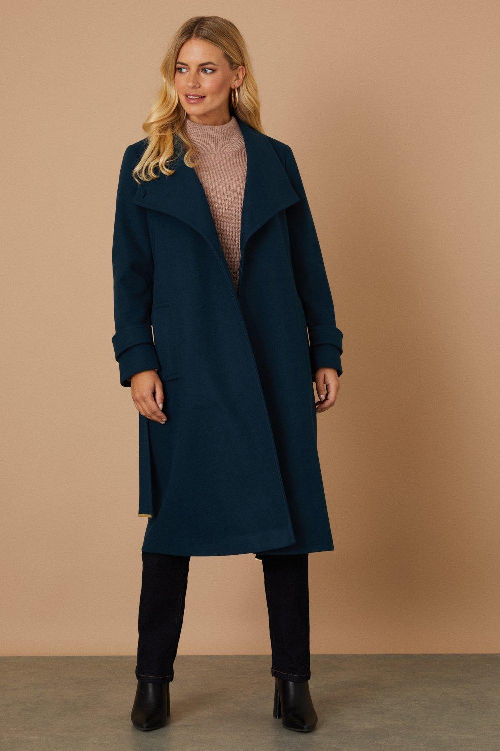Womens Petite Belted Wrap Funnel Neck Coat