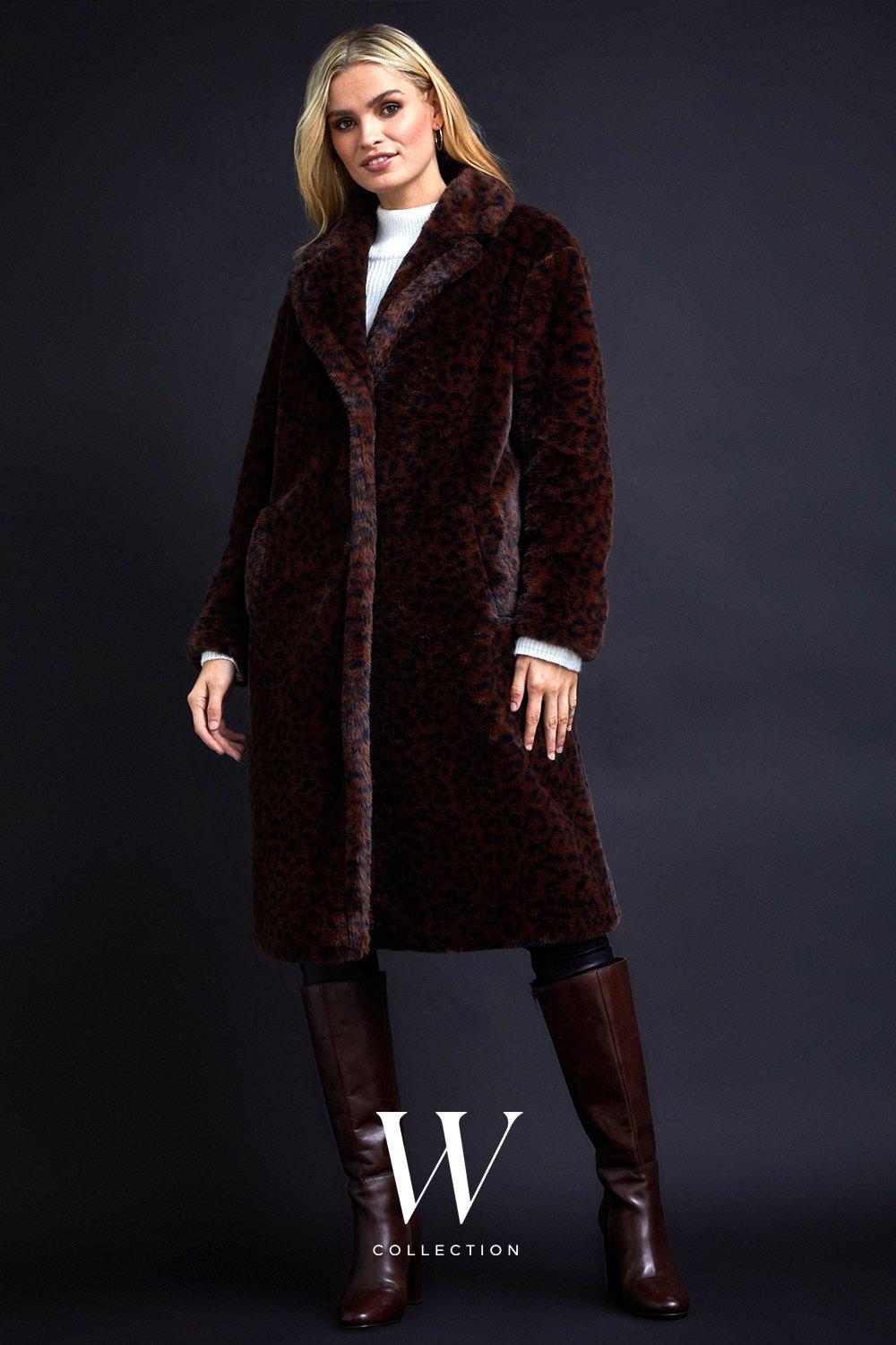 Womens Chocolate Leopard Faux Fur Midi Coat