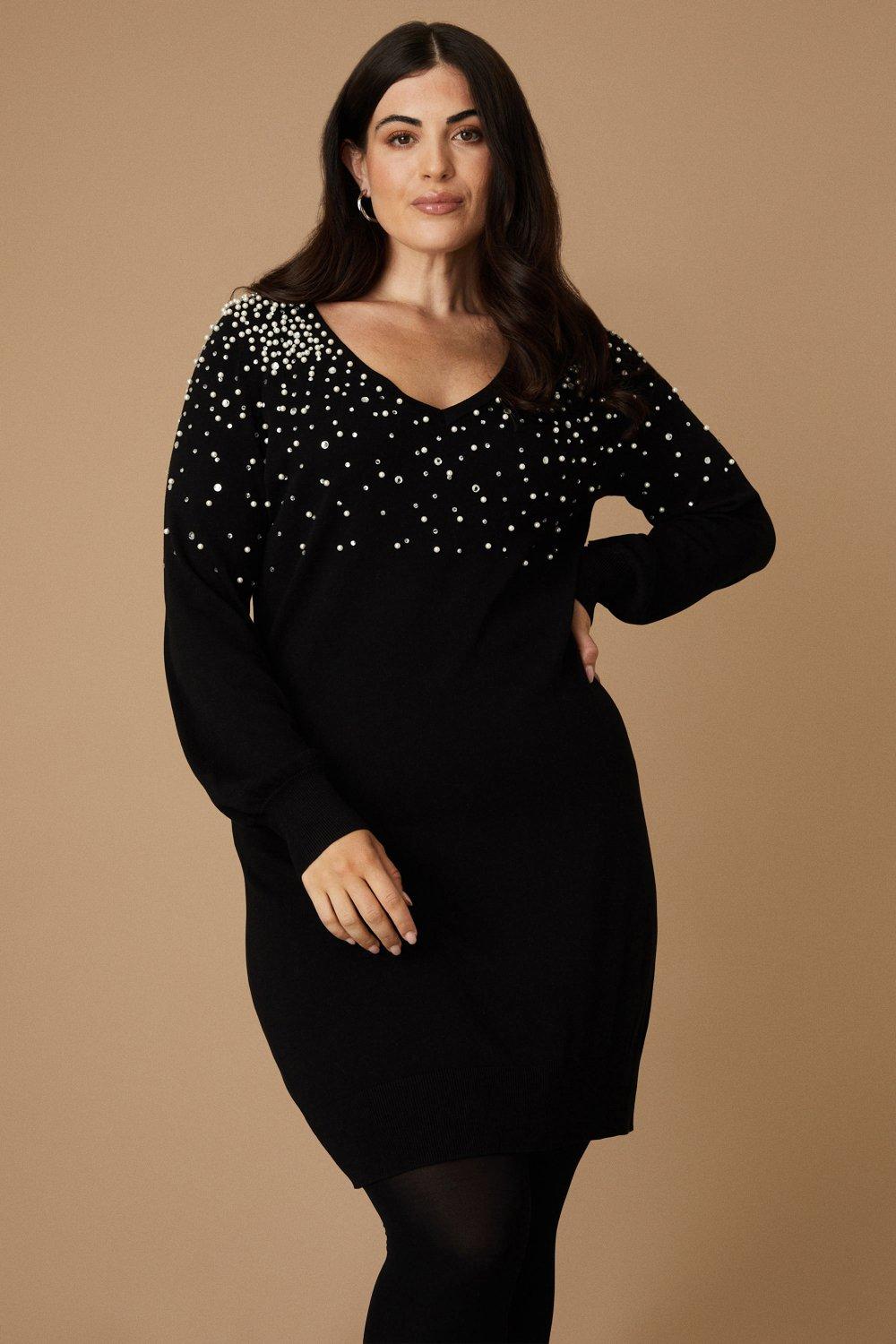 Plus size black dress with clearance pearls