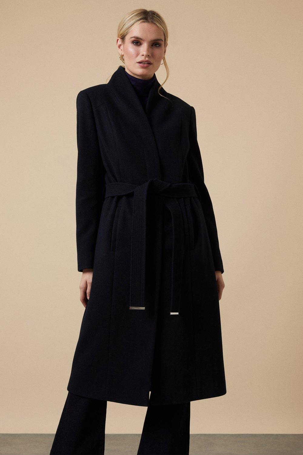 Jackets Coats Navy Smart Belted Collarless Wrap Coat Wallis