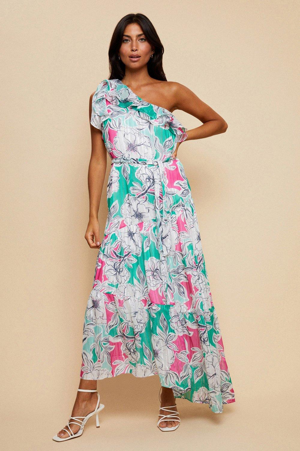 Womens Green And Pink One Shoulder Maxi Dress
