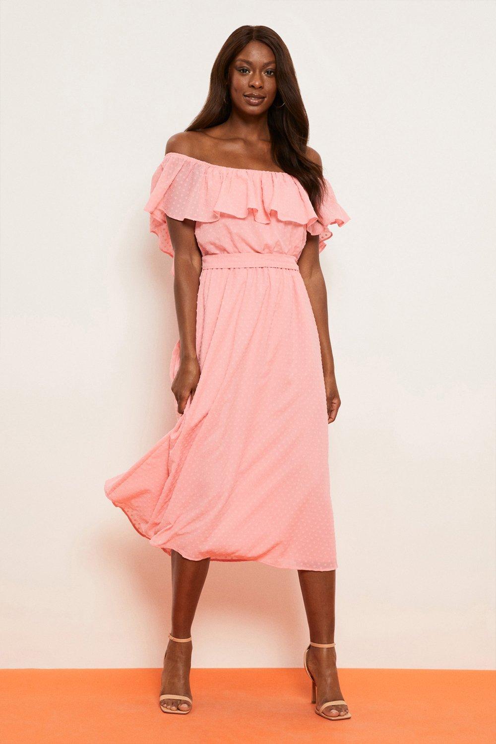 Womens Coral Dobby Off-shoulder Belted Midi Dress