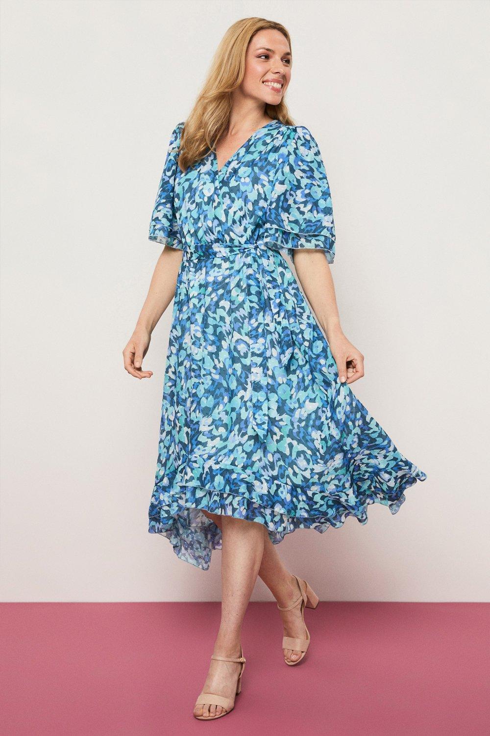 Womens Blue Abstract Wrap Midi Dress