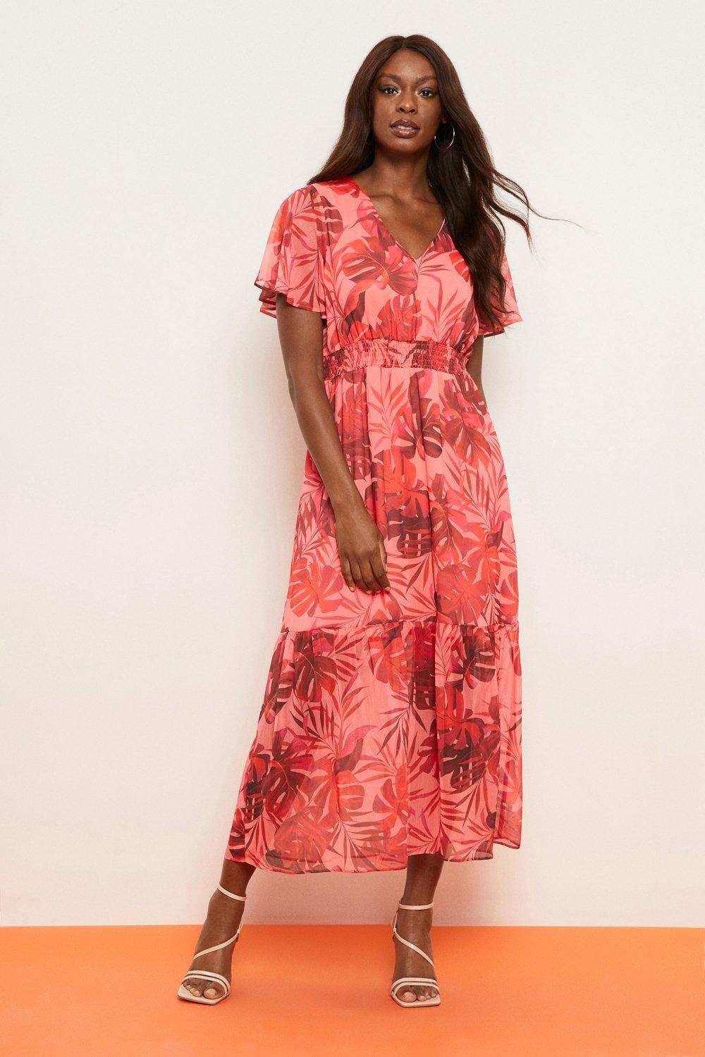 Womens Leaf Print Shirred Waist Fluted Sleeve Dress