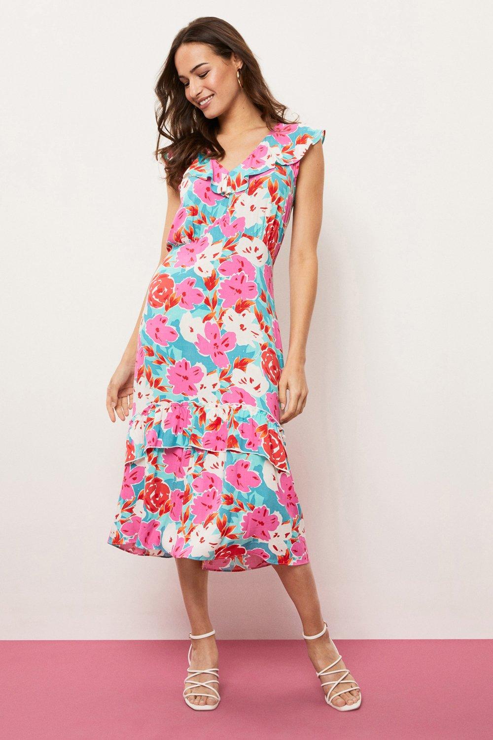 Womens Tall Floral Print Ruffle Layerd Dress