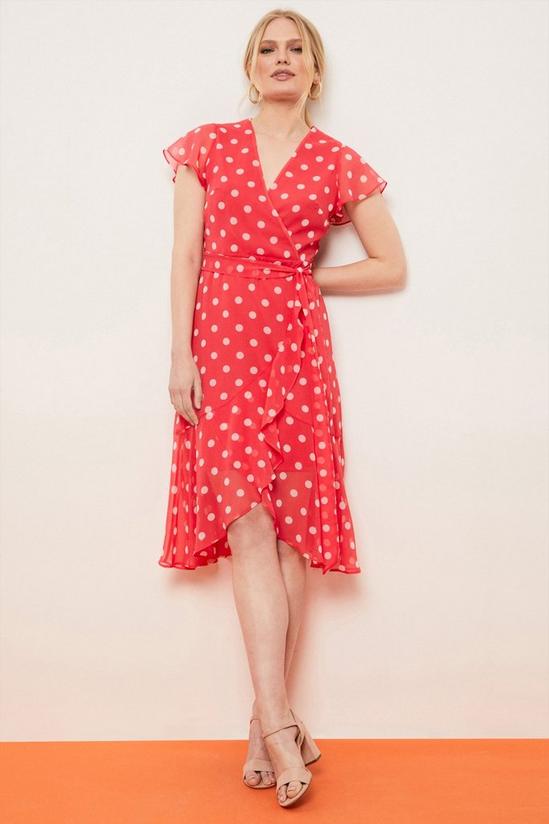 Wallis Petite Pink Spot Fluted Sleeve Wrap Dress 1