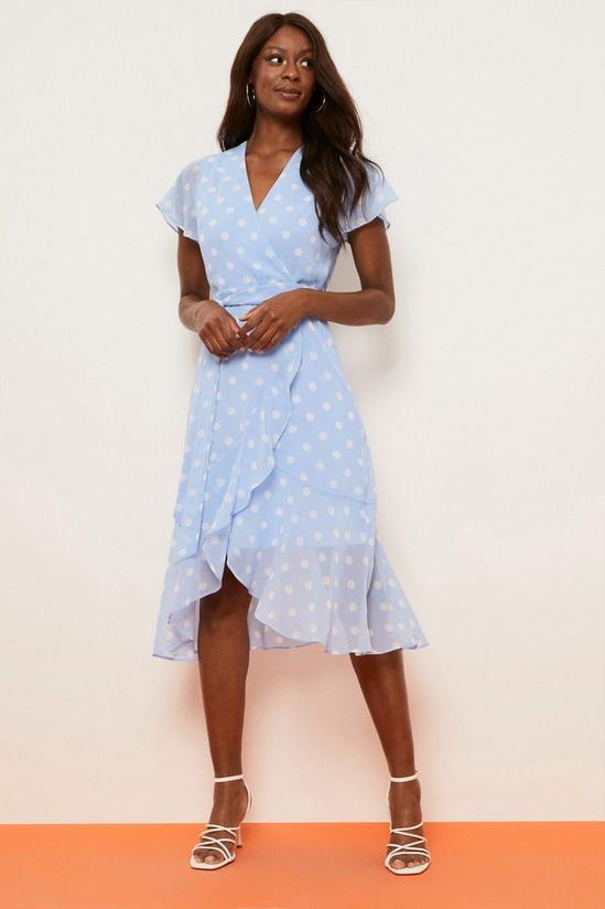 Wallis Blue Spot Printed Fluted Sleeve Wrap Dress 1