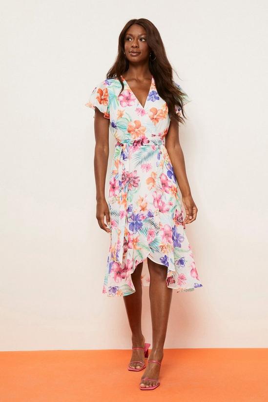 Wallis Tropical Printed Fluted Sleeve Wrap Dress 1