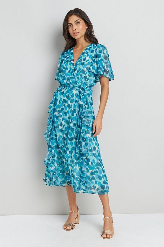 Wallis Turquoise Watercolour Foil Ruffle Front Dress 1