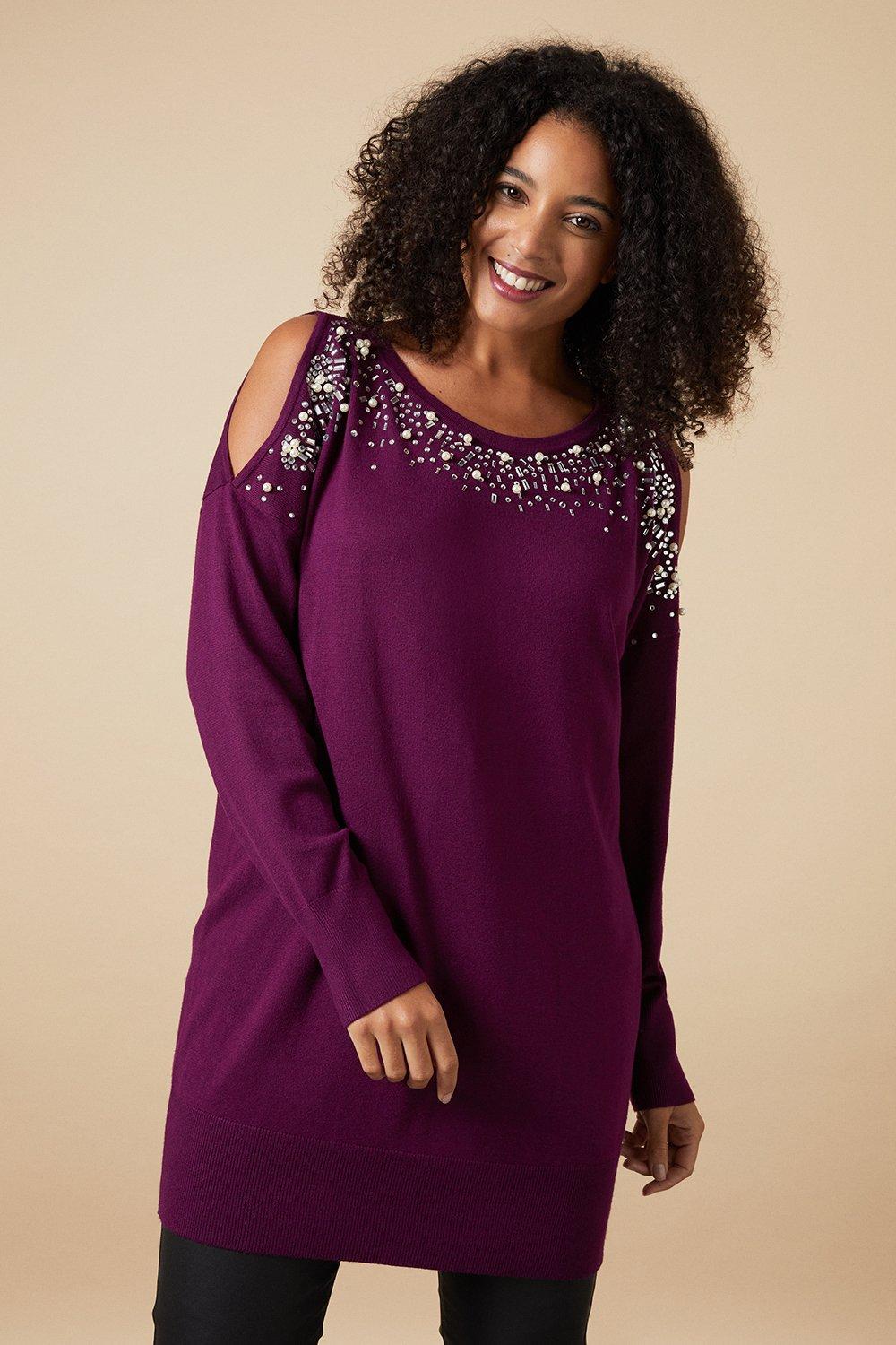 Womens Curve Berry Embellished Cold Shoulder Tunic