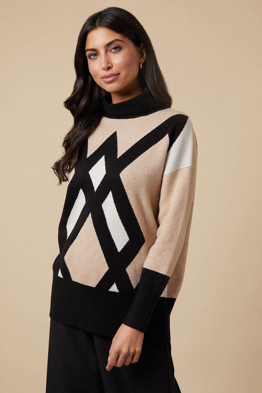 Womens Neutral Geo Patterned High Neck Jumper