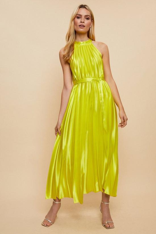 Wallis Chartreuse High Shine Satin Pleated Midi Dress 1