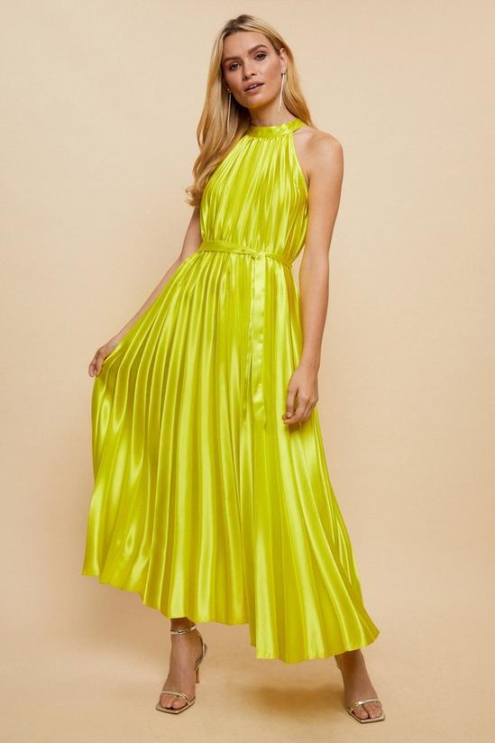 Wallis Chartreuse High Shine Satin Pleated Midi Dress 2