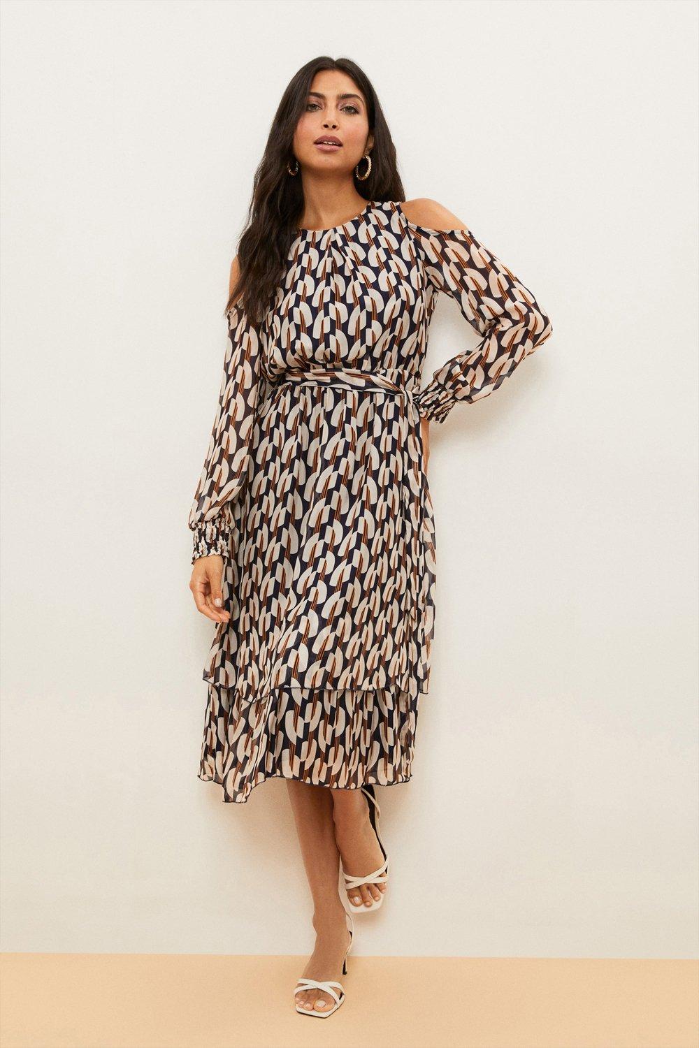 Womens Navy Printed Cold Shoulder Belted Midi Dress