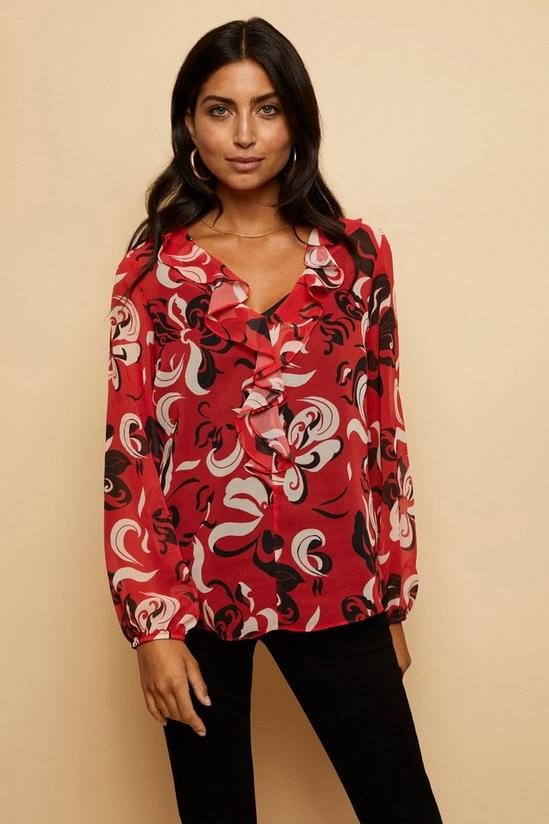 Wallis Red Graphic Ruffle Front Top 1