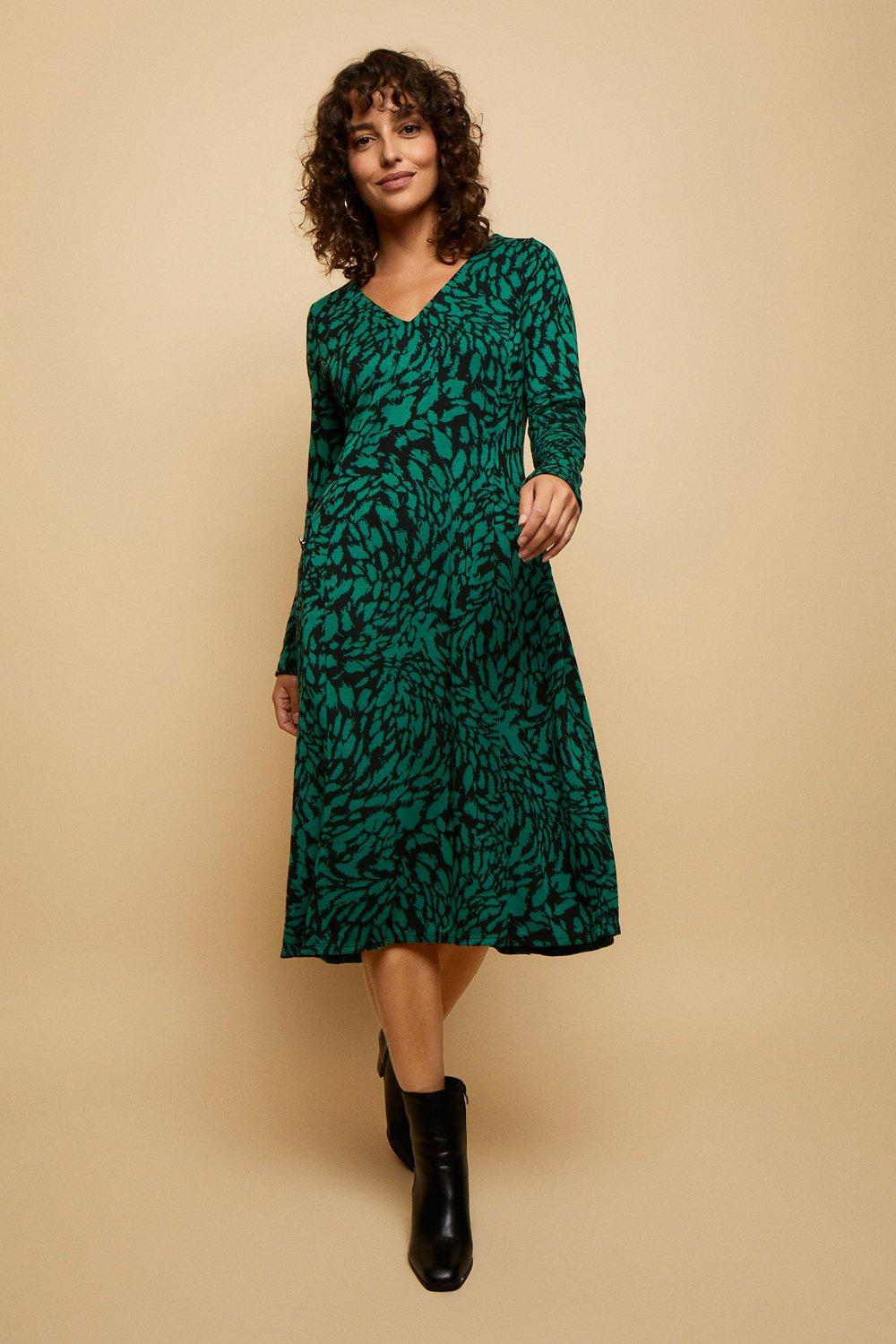 Womens Green Animal Jersey Jacquard Midi Dress