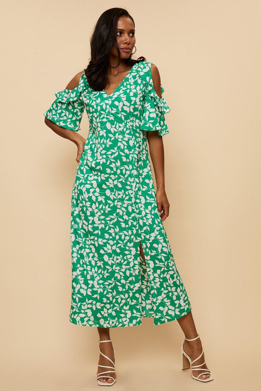 Green Leaf Printed Cold Shoulder Dress