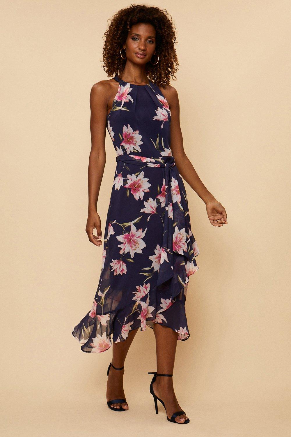 Dresses Tall Navy Floral Layered Fit Flare Dress Wallis