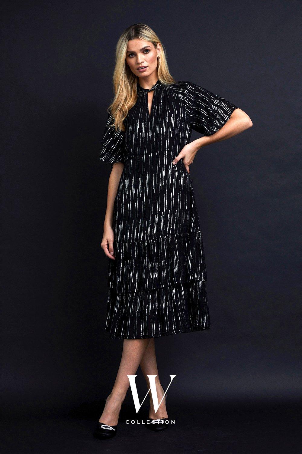 Womens Metallic Stripe Ruffle Hem Midi Dress