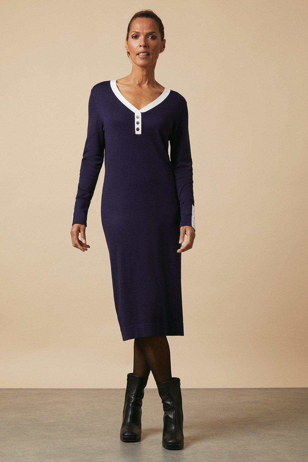 Womens Tipped Button V Neck Knitted Dress