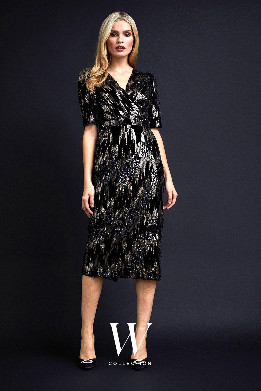 Womens Sequin Velvet Wrap Midi Dress