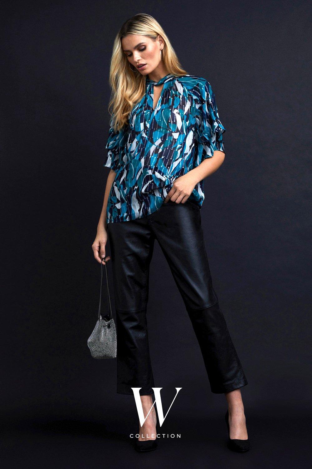 Womens Metallic Printed Twist Neck Blouse