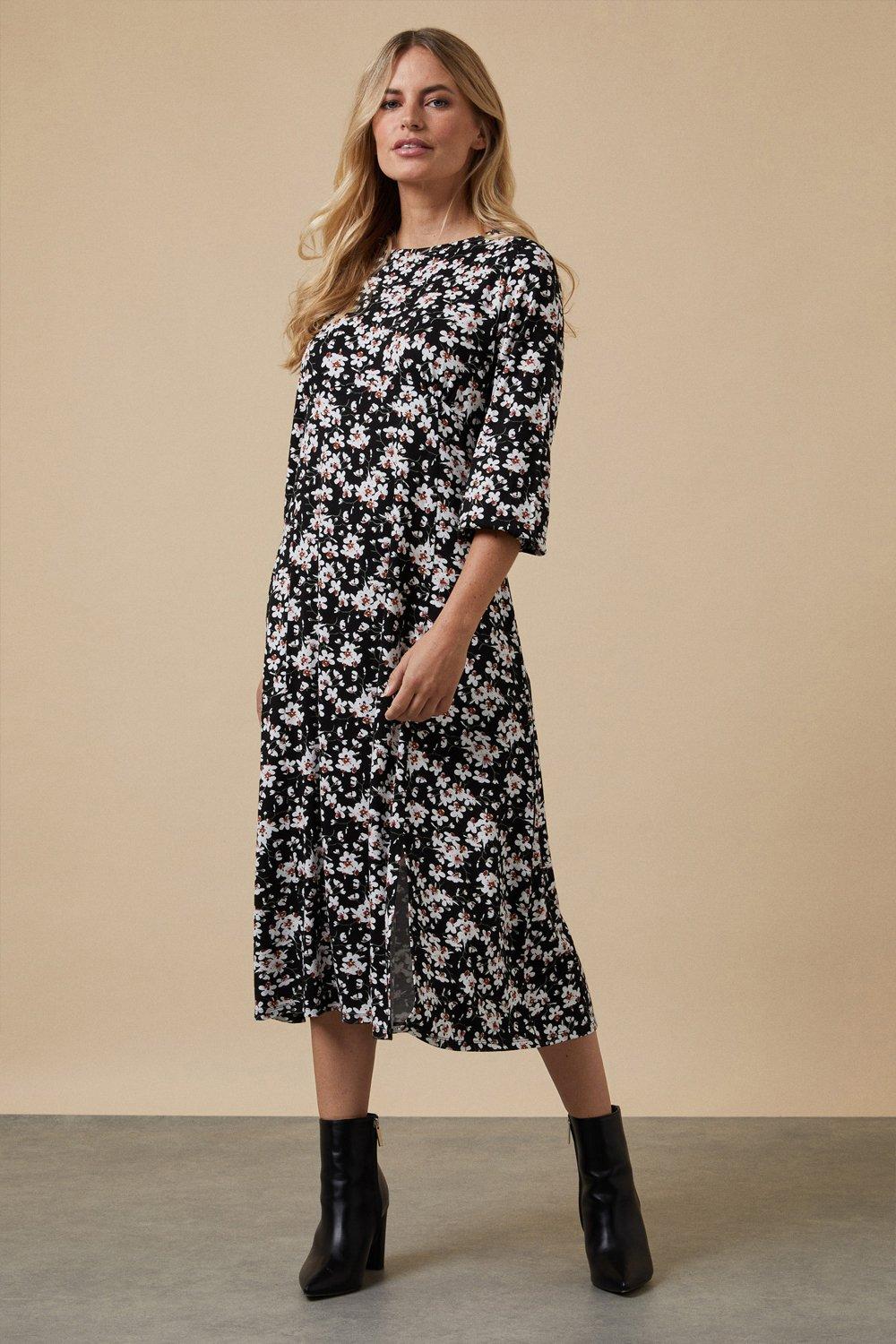 Womens Petite Black Floral Jersey Midi Dress