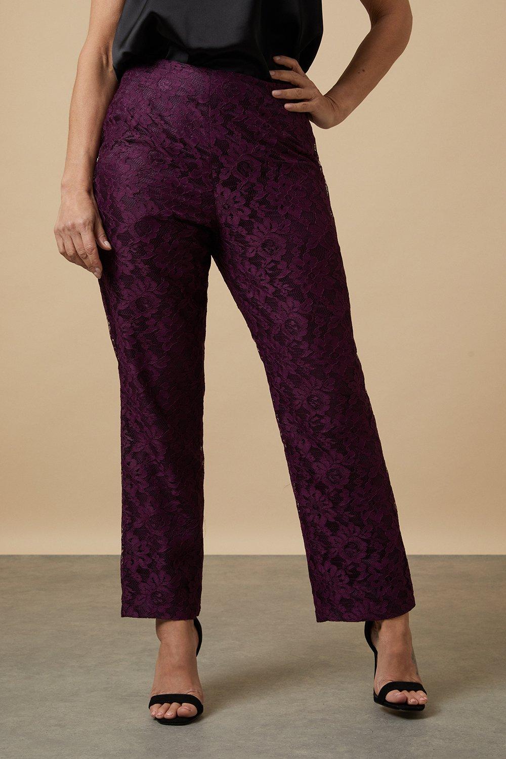 Womens Petite Purple Lace Straight Leg Trousers