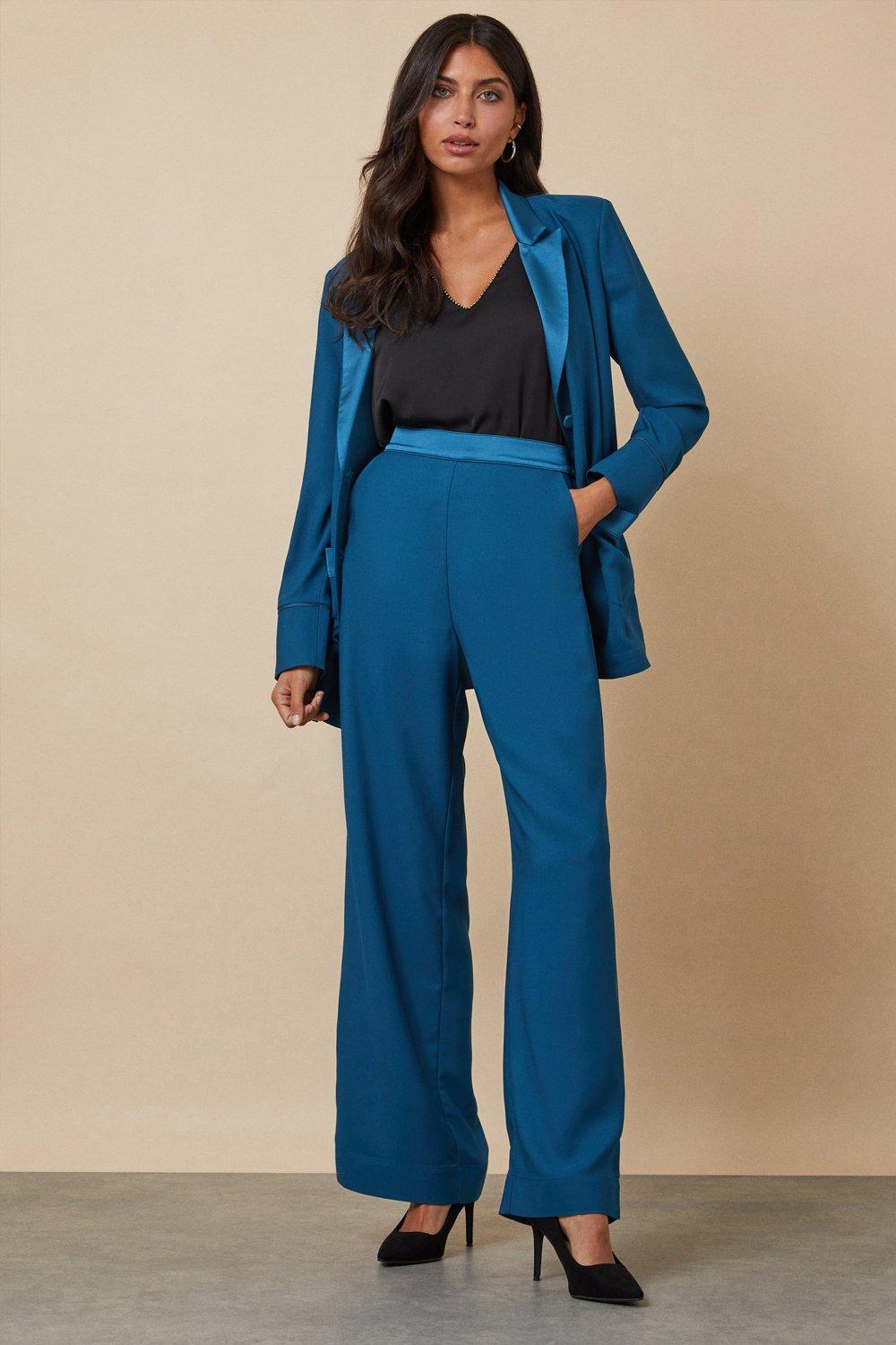 Womens Teal Satin Wide Leg Trousers