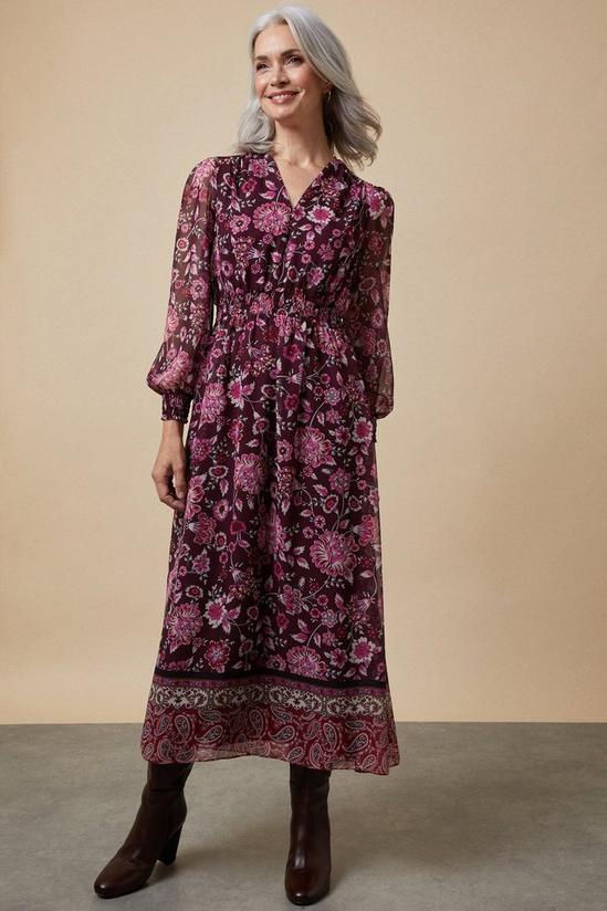 Wallis Floral Border Sheer Volume Sleeve Tea Dress 1