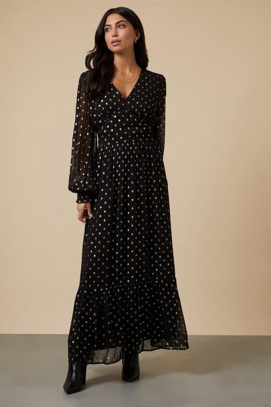 Wallis Tall Black Spot Foil Shirred Midi Dress 1