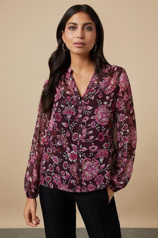 Wallis Berry Floral Frill Sleeve Button Down Blouse 1