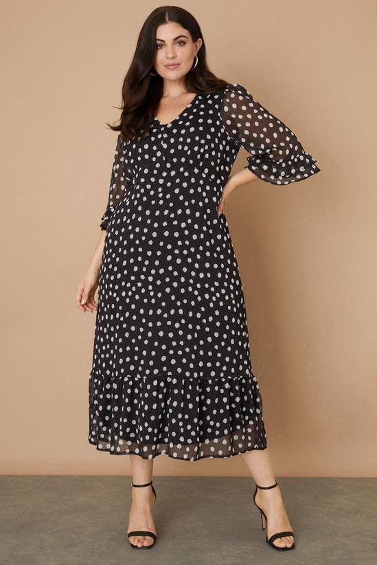 Wallis Curve Mono Spot Ruffle Sleeve Tea Dress 1