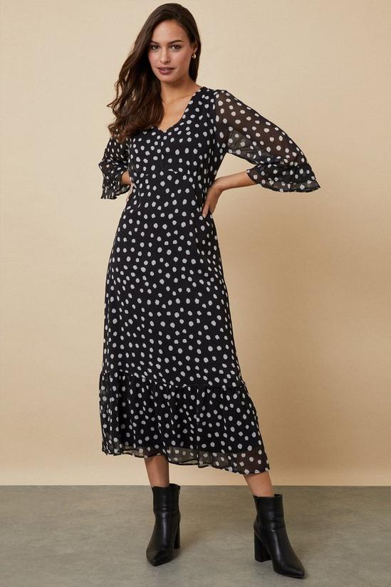 Wallis Tall Mono Spot Ruffle Sleeve Tea Dress 1