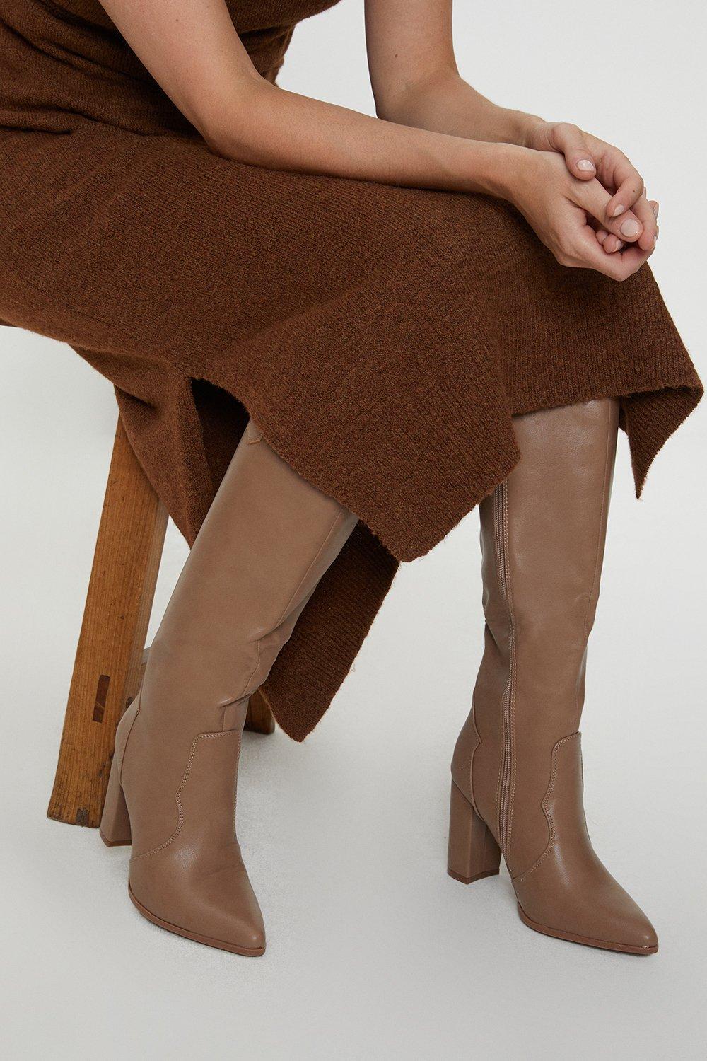 Tan long boots with hot sale heel