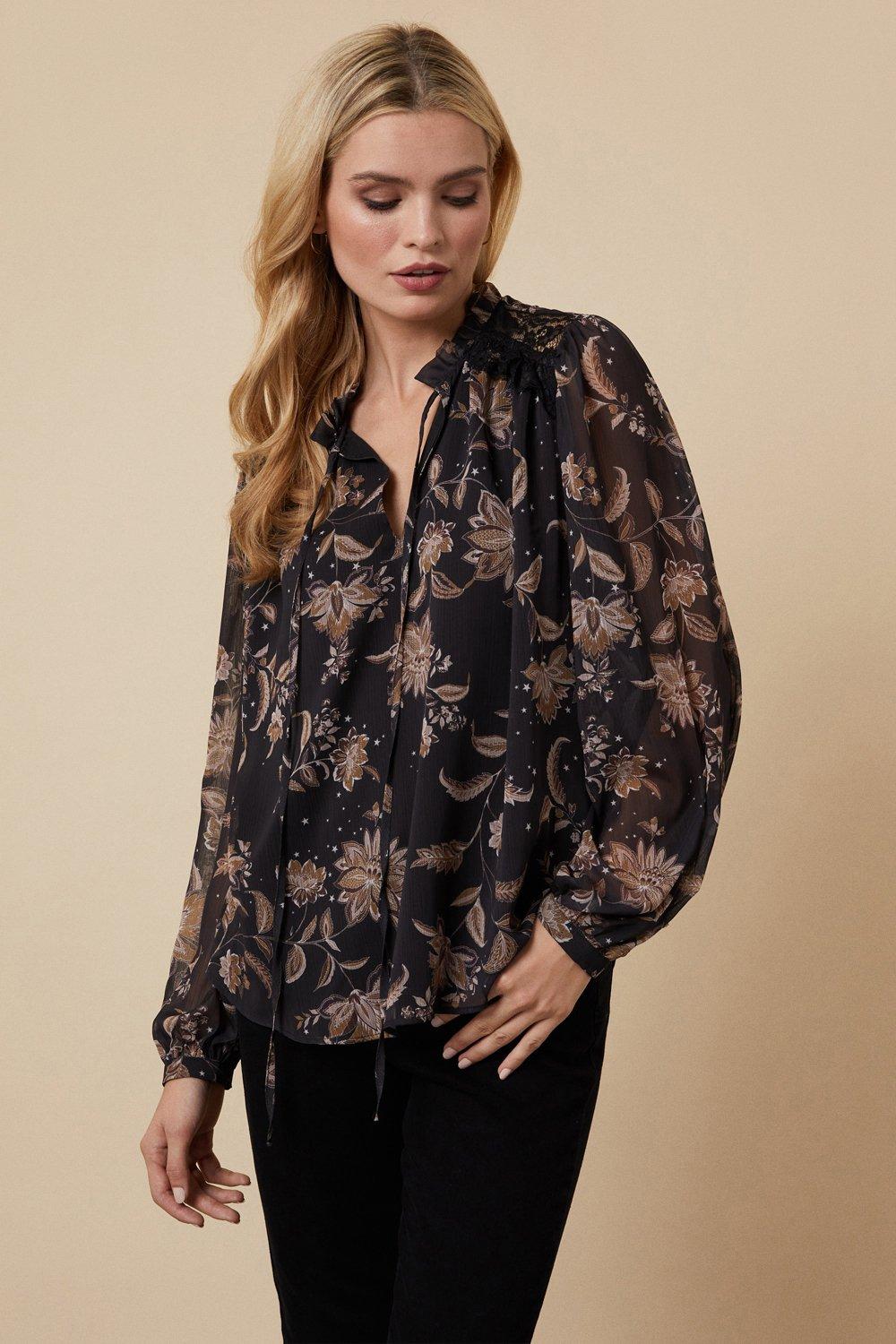 Womens Brown Floral Frill Neck Blouse