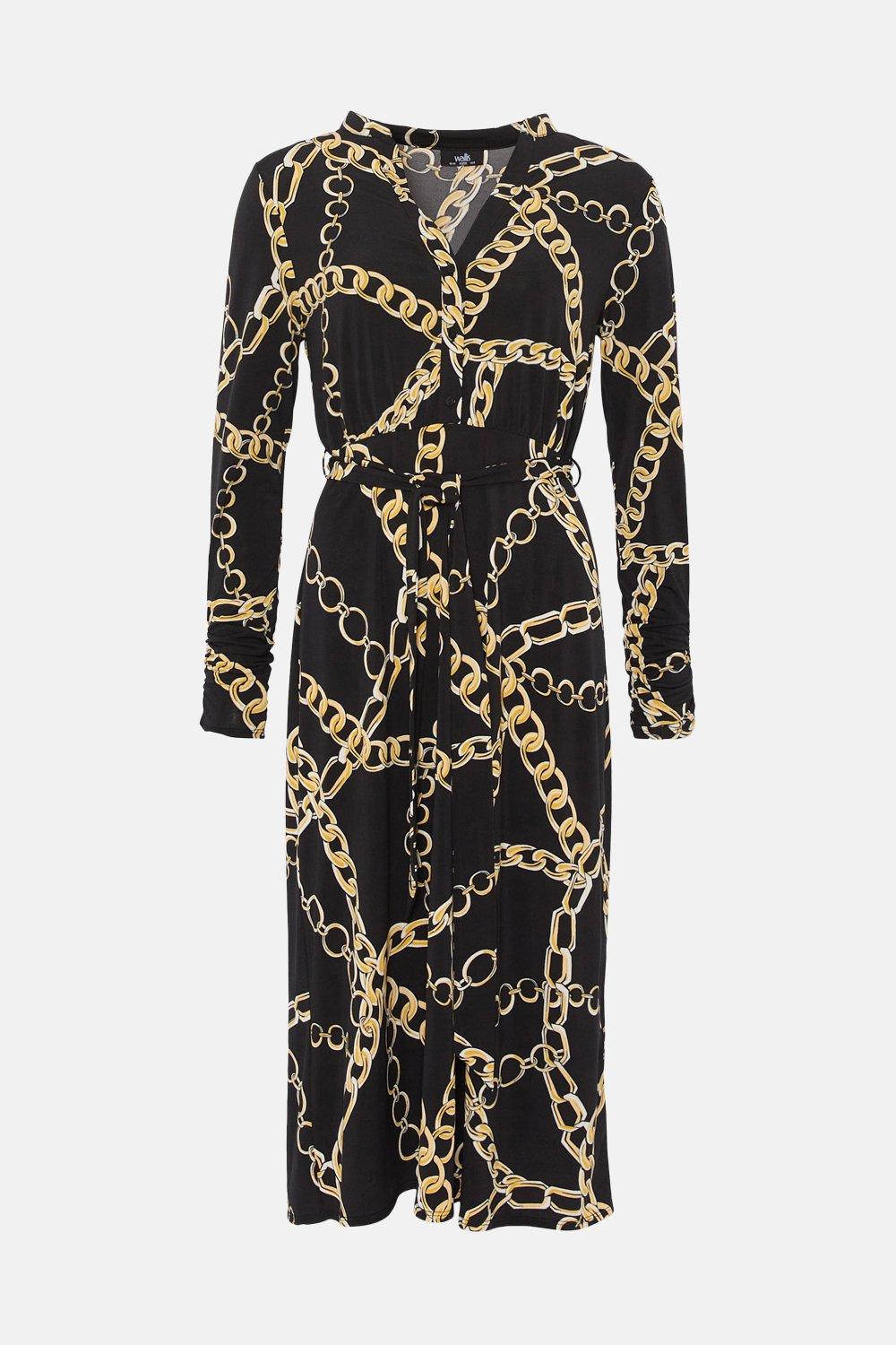 Black Chain Jersey Belted Shirt Dress