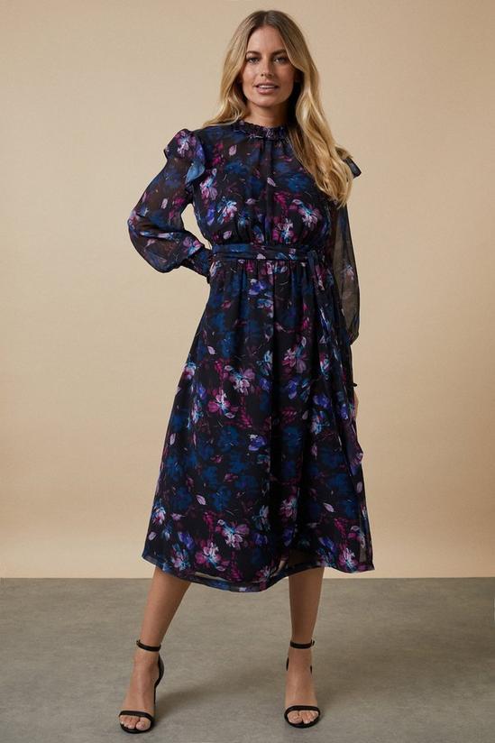 Wallis Petite Black Floral Shirred Belted Midi Dress 1