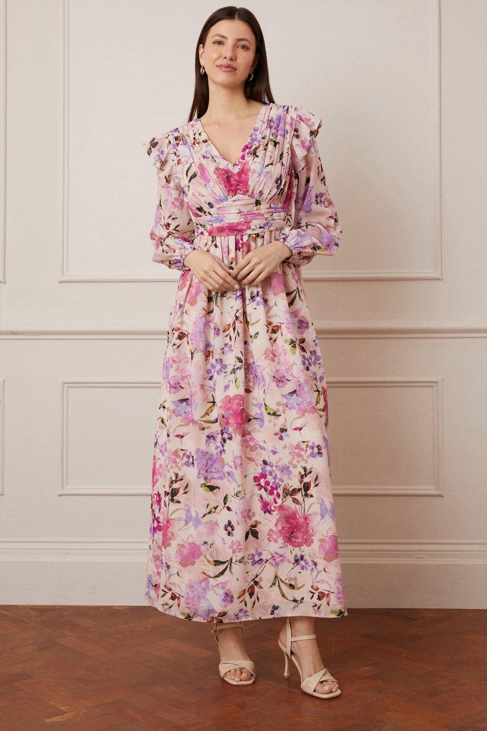 Womens Floral Print Ruffle Twist Maxi Dress