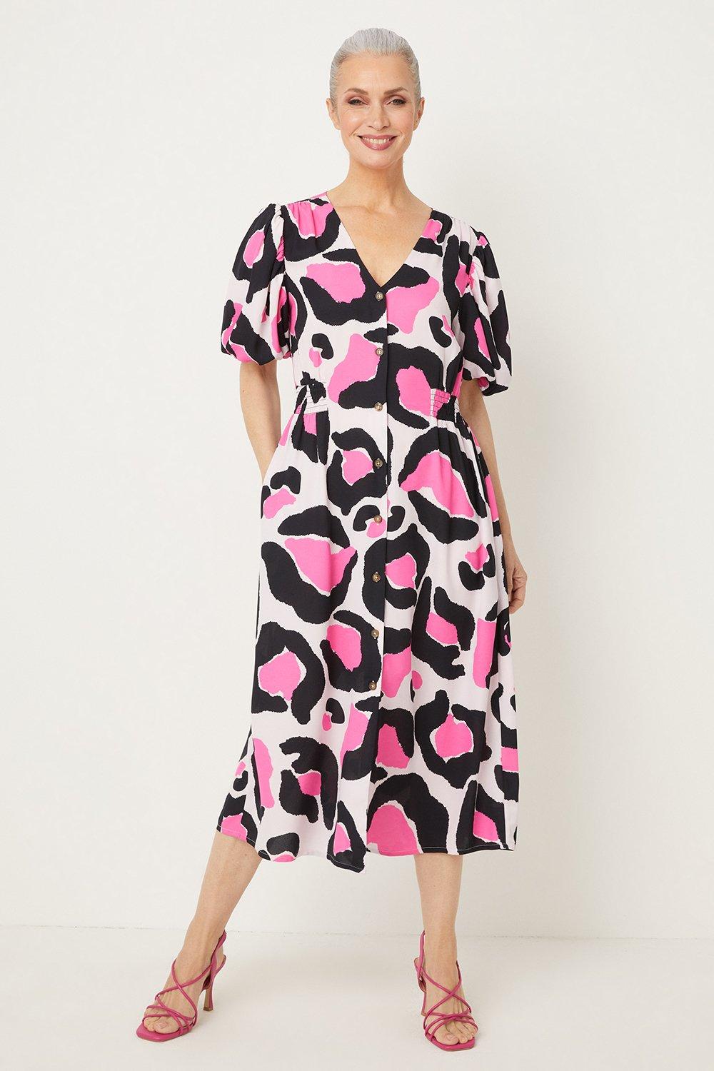 Womens Pink Graphic Animal Button Down Midi Dress