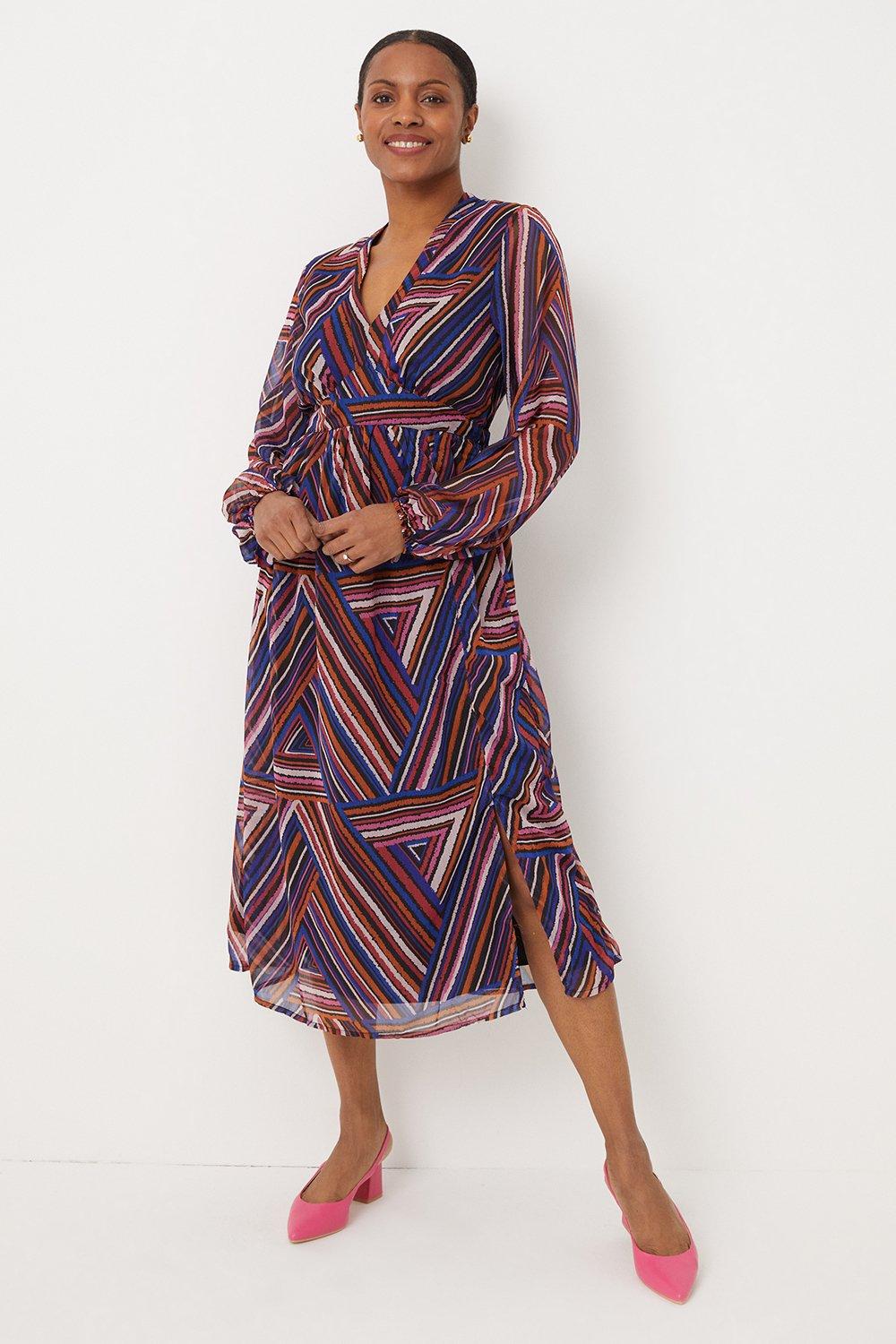 Womens Multi Stripe Wrap  Midi Dress