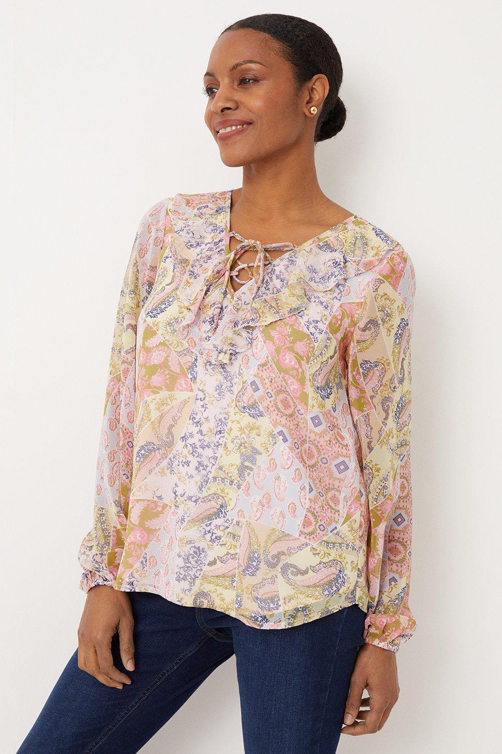 Womens Pink Paisley Patchwork Tie Neck Ruffle Blouse