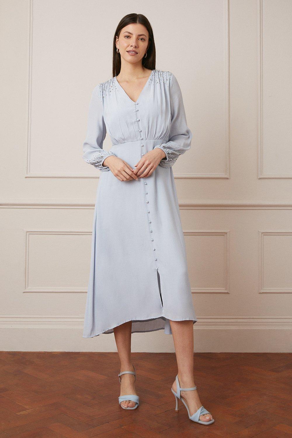 Womens Embellished Shoulder  Button Through Maxi Dress